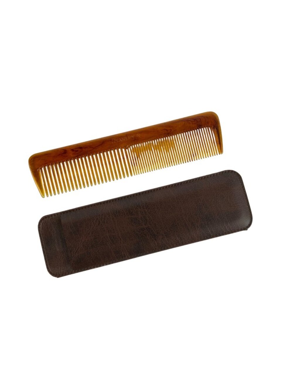 Vintage Stanley Pocket Comb 5.25 Inch Amber Plastic With Brown Vinyl Sleeve